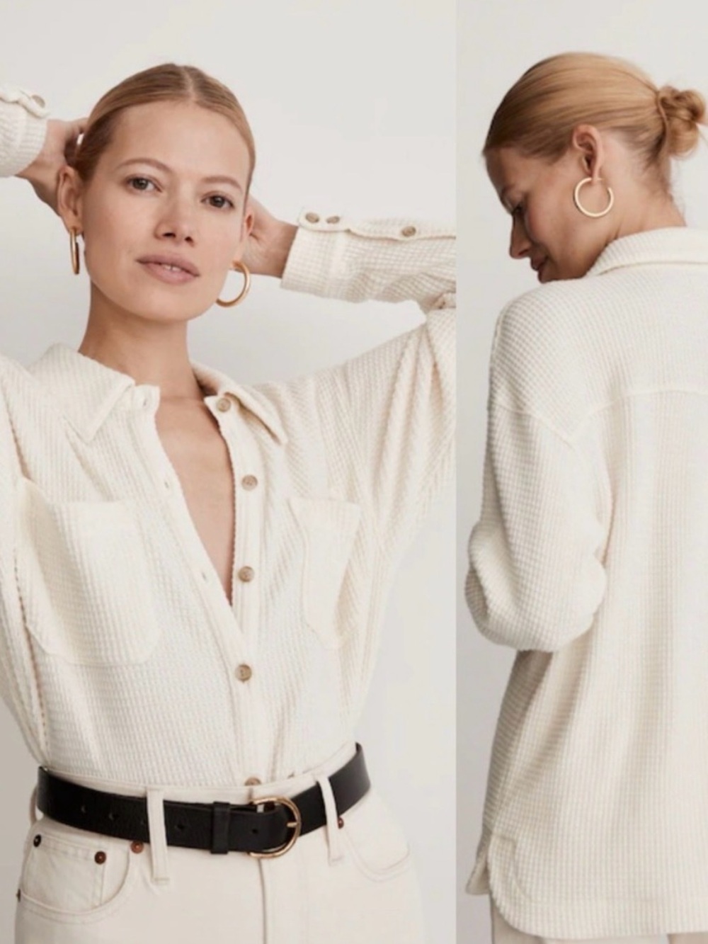 Madewell Waffle-Knit Button Front Shirt Jacket - Cream